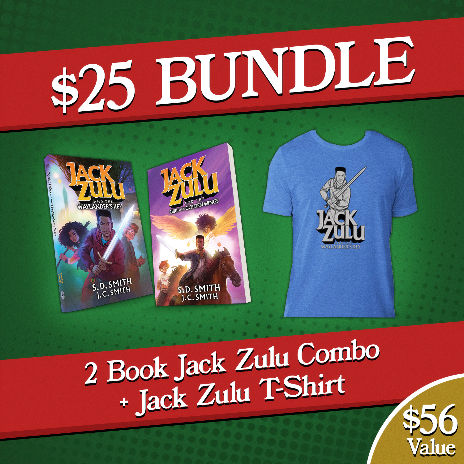 Promotional bundle offer for 'Jack Zulu' books and t-shirt on a green and red background.