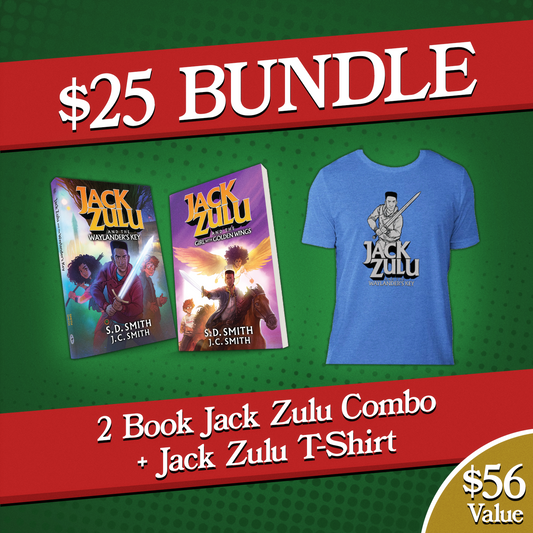 Promotional bundle offer for 'Jack Zulu' books and t-shirt on a green and red background.