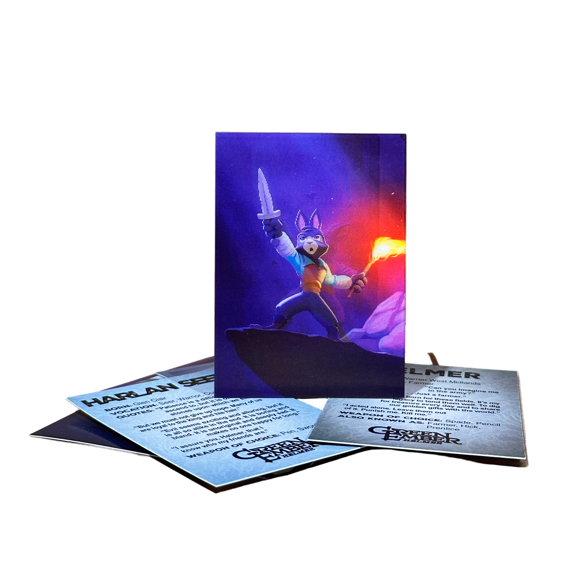 Card with a character holding a sword and a torch, surrounded by game cards on a white background